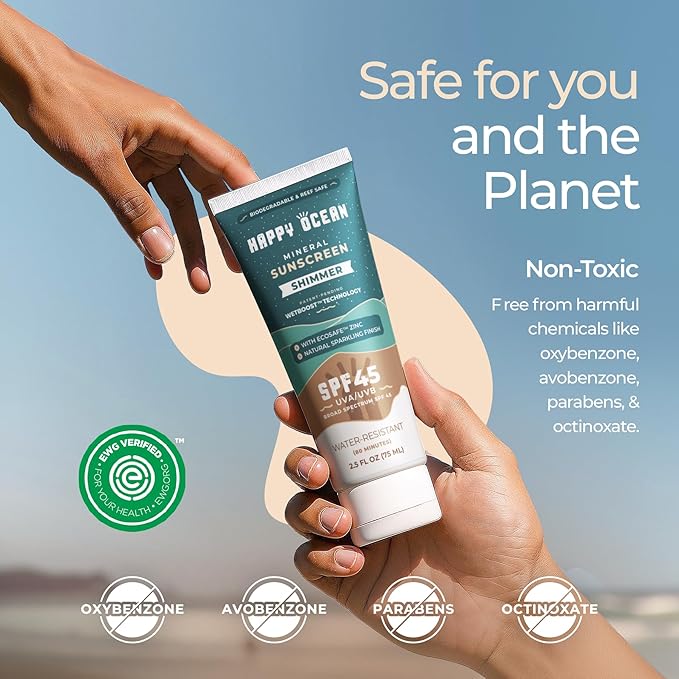 SPF 45 Shimmer Mineral Sunscreen with Non-Nano Zinc Oxide for Face and Body, Natural Sparkling Finish Reef Safe Sunscreen, Travel Size, Non-toxic, Biodegradable, Water Resistant, 2.5 Fl oz