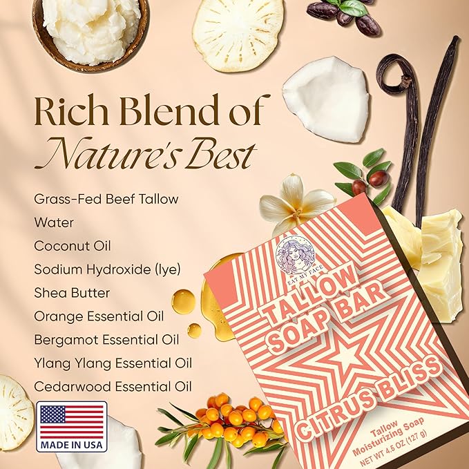 Eat My Face 2 Beef Tallow Sunscreens SPF 30 & 2 Beef Tallow Soaps Bundle, Organic Sunscreen for Face with Non Nano Zinc Oxide, Citrus Bergamot Soap Bar, Moisturizing Handmade Tallow Soap