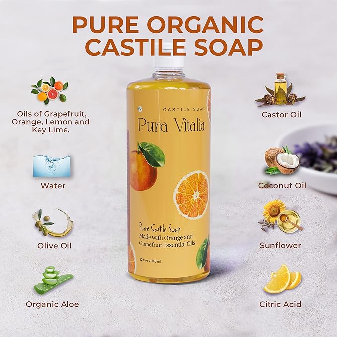 Citrus Organic Castile Soap | Body Wash & Cleanser for Face & Hands | Biodegradable, Eco-Friendly, Palm Oil Free, Vegan & Gentle | Made with 6 Natural Ingredients - 32 oz
