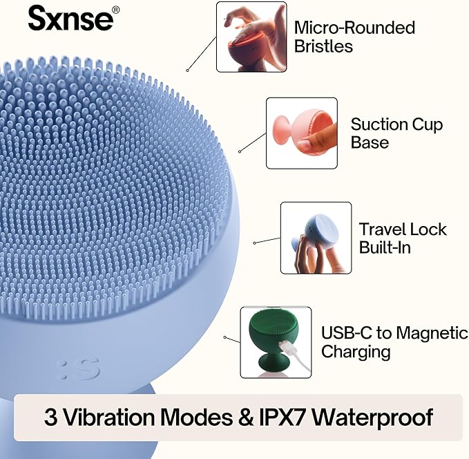 Palm Face Clean Pro⁺ - Electric Silicone Face Scrubber for Acne with 7000+ Sonic Pulses - IPX7 Waterproof Rechargeable Exfoliator with Slip-Free Grip, 3 Speed Settings & Phthalate-Free - Arctic