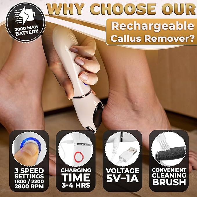 Rechargeable Electric Foot File Callus Remover – 3-Speed Foot Scrubber Electric (1800/2200/2800 RPM), Dry Skin Remover for Feet – 1200mAh, 70 Min Runtime, 2 Replacement Rollers 80 and 60 Grit