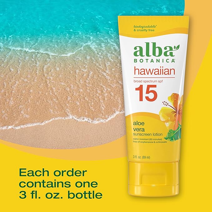 Alba Botanica Sunscreen for Face and Body, Hawaiian Aloe Vera Sunscreen Lotion, Broad Spectrum SPF 15, Water Resistant and Biodegradable, 3 fl. oz. Bottle