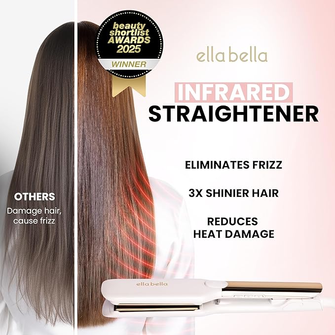 ELLA BELLA® Titanium Flat Iron Hair Straightener (with Infrared) • Professional Straightening Iron • Digital Display to Accurately Control Temperature • As Featured in Good Housekeeping - Gloss White