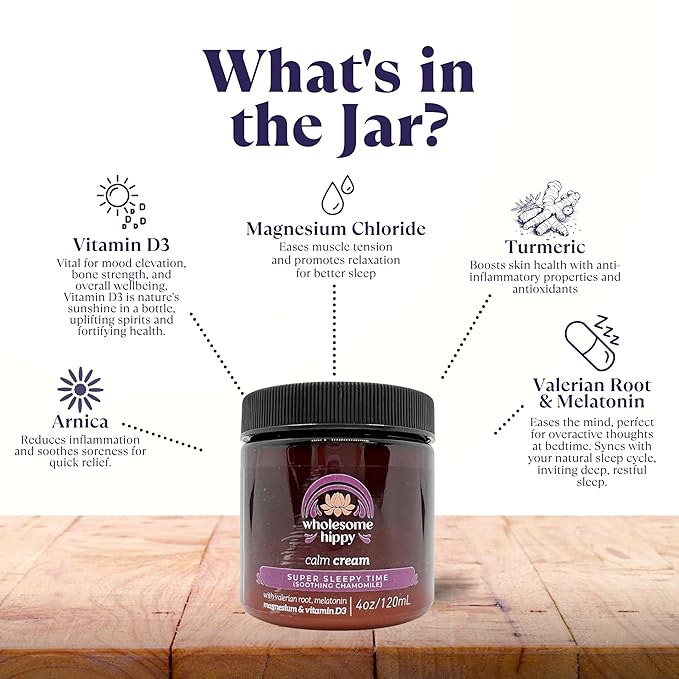 Wholesome Hippy Super Sleepytime Calm Cream – Nighttime Body Butter with Magnesium, Melatonin, Valerian & Chamomile – All Natural Moisturizer for Bedtime Routine – 4oz