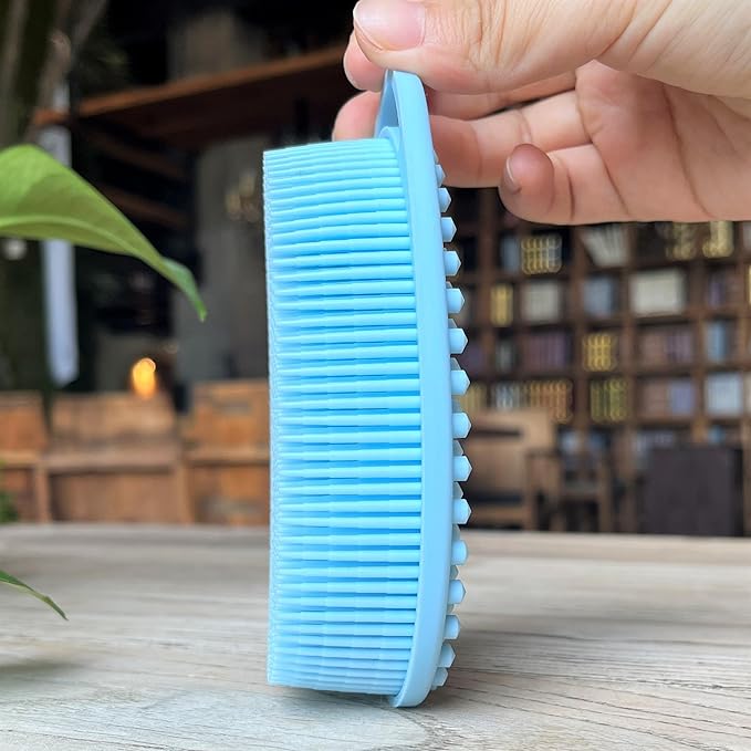 Premium Sensory Brush for Kids or Autism,Soft Silicone Body Scrubber,2 in 1 Sensory Room Occupational Therapy Brushes,Silicone Loofah,Pet Shower Brush Bath Brush Shampoo Brush(hangable-Oval-Blue)