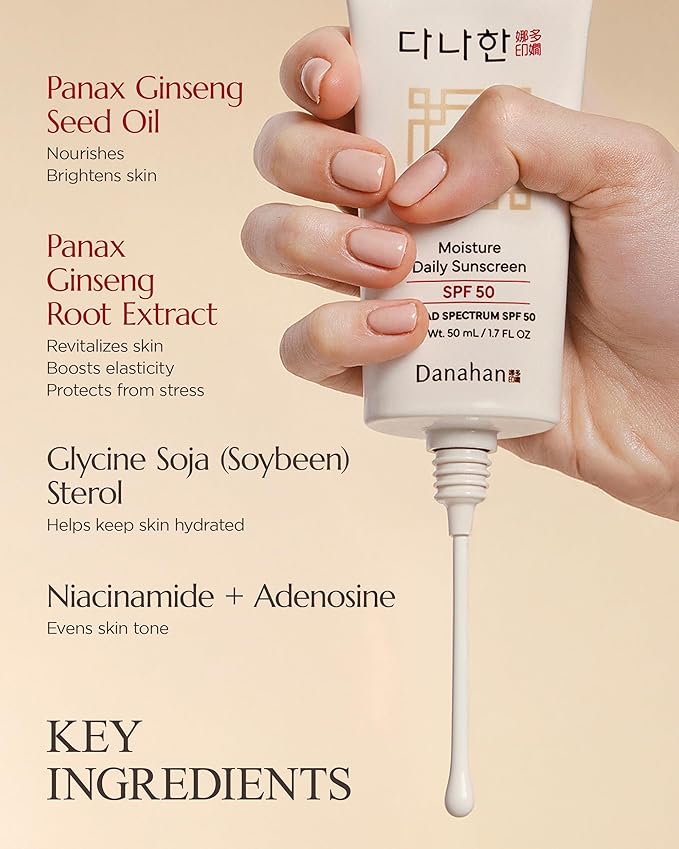 Moisture Daily Sunscreen SPF 50 - Korean Face Sunscreen, Broad Spectrum UV Protection with Ginseng & Niacinamide - Hydrating Lightweight Formula, No White Cast, K-Beauty, 1.7 oz.