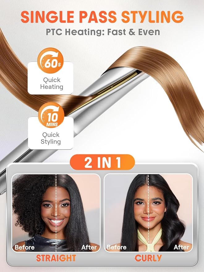 SHEGLAM Sleek Chic Twist Kiss Flat Iron - 2-in-1 Hair Straightener & Curling Iron, 1" Barrel, 60s Fast Heat, 20M Negative Ions, 5 Temp Settings, Travel-Friendly