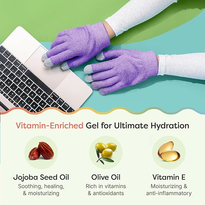 ZenToes Moisturizing Gloves for Dry Hands, Gel Infused with Jojoba Seed Oil, Olive Oil and Vitamin E, Overnight Hand Moisturizer (OSFM, Fuzzy Lilac with Media Tips)