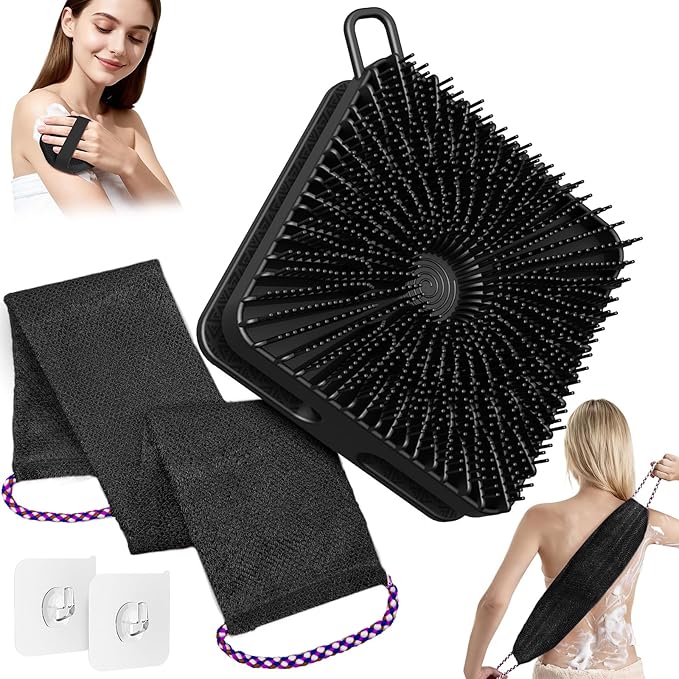 Manmihealth Dual-Sided Silicone Body Scrubber Scalp Massager & African Bath Sponge Net Set, 2-in-1 Silicone Shower Shampoo Brush Africa Wash Net Combination, Lather Well, Strong Exfoliating (Black)