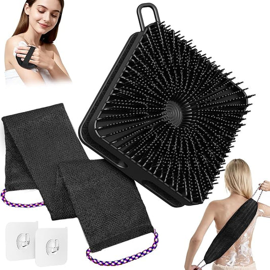 Manmihealth Dual-Sided Silicone Body Scrubber Scalp Massager & African Bath Sponge Net Set, 2-in-1 Silicone Shower Shampoo Brush Africa Wash Net Combination, Lather Well, Strong Exfoliating (Black)