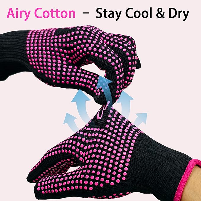 ANGENIL 2 Pcs Heat Resistant Gloves with Silicone Bumps, Heat Gloves for Hot Hair Styling, Professional Heat Proof Glove Suitable for Flat Iron Hair Straightener, Curling Wand and Thermal Brush, Pink