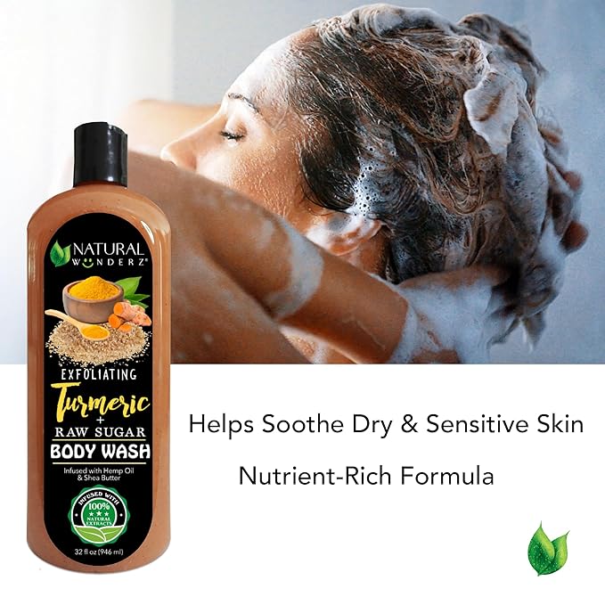 Natural Wunderz Body Wash with Turmeric and Raw Sugar, 32 Fl Oz, Exfoliating Gentle Cleanser and Shower Gel for all skin types, Vegan, Sulfate Free, and Cruelty Free Body Scrub