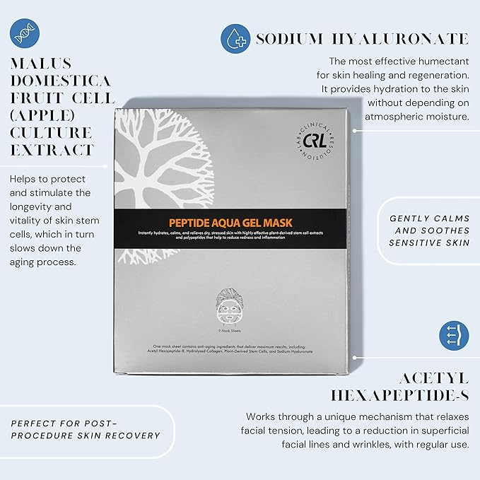 Clinical Resolution CRL Peptide Aqua Gel Mask 5 Pack, Instant Hydration, Soothing, Cooling, Healing, Post-Treatment, Post Microneedling, Reduce Redness and Stinging Feeling