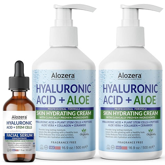 Alozera Hyaluronic Acid Body Lotion (2-Pack) & Pure Hyaluronic Acid Serum Set with Aloe, Ceramides & Stem Cells – Deep Hydration & Renewal Skincare Duo for Face, Neck & Body, Lightweight, Fragrance-Fr