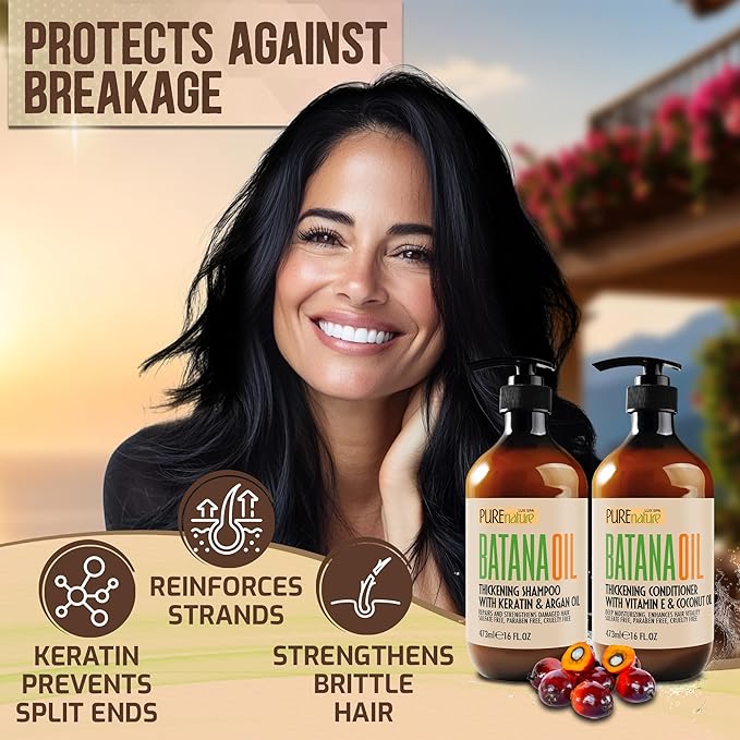 Batana Oil Shampoo and Conditioner Set - Thickening, Sulfate Free Formula for Women and Men - Volumizing, Moisturizing, Professional Salon Care Products for Fine, Thinning Hair - 16 Fl Oz (Pack of 2)