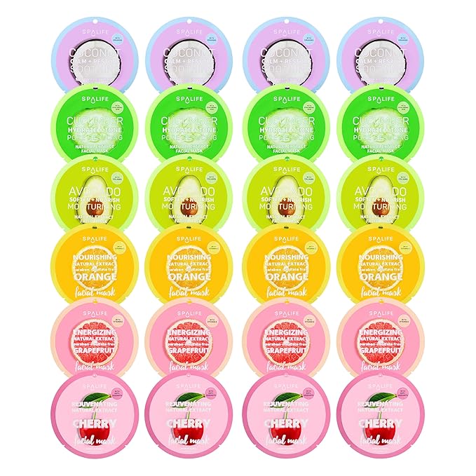 SpaLife Beauty Fruit Facial Sheet Masks 24 Pack – Face Masks Skincare Set – Hydrating Face Masks – 6 Natural Fruit Extract Formulas – Orange, Grapefruit, Coconut, Cherry, Avocado, Cucumber
