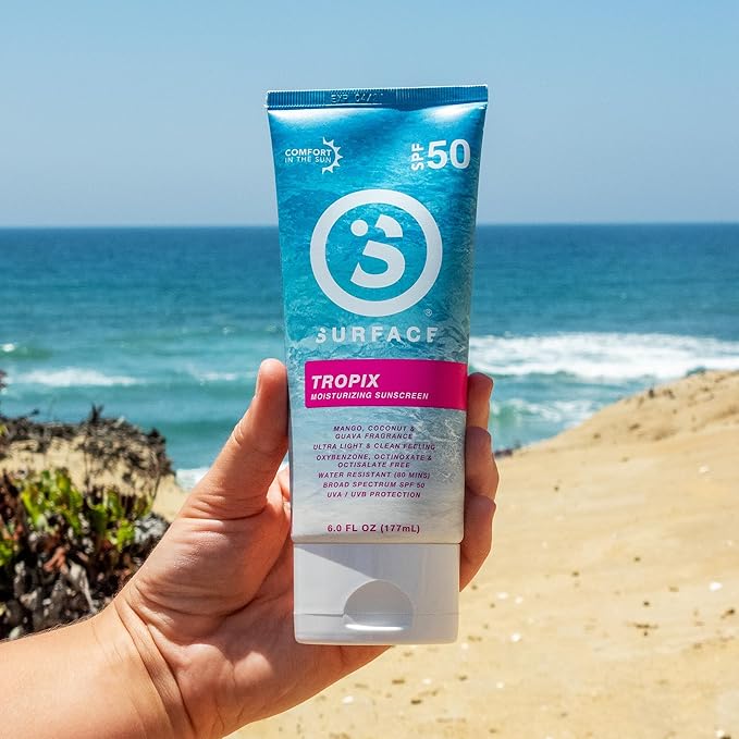 Surface Sunscreen Lotion SPF 50 for Face & Body, Lightweight Natural Formula, Reef Friendly, Broad Spectrum UVA UVB Protection, Water Resistant Sun Care for 80 Minutes Outdoor Use, Tropical Scent, 6oz