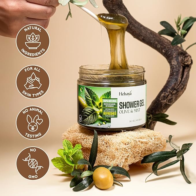 Hekaya Olive Oil & Mint Shower Gel – 14 oz | Natural Body Wash for Dry Skin | Hydrating & Moisturizing | Natural Body Wash for Women & Men | Daily Use.