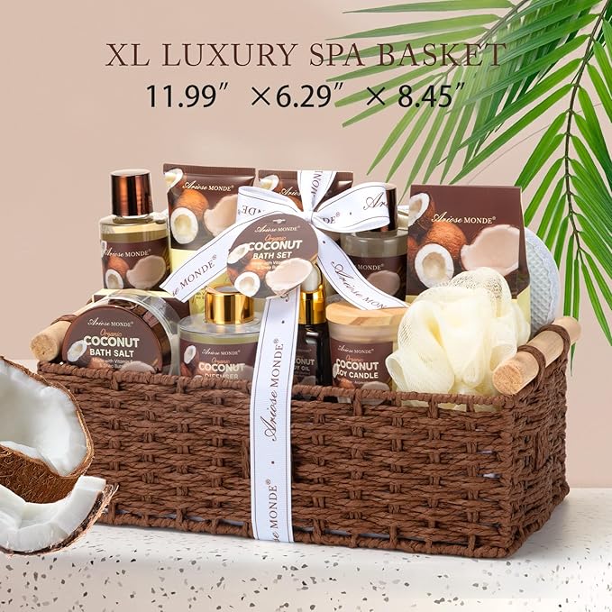 Spa Gift Basket for Women, Coconut Luxury Gift Set with Shower Gel, Bubble Bath, Hand Cream, Bath Soap, Bath Salt, Essential Oil, Luxury Bath and Body Gift Kit for Christmas