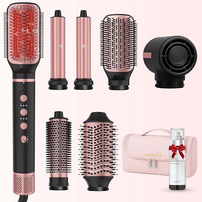 7 in 1 Professional Hair Styling Tool – Hot Air Brush Set, Multi-Styler and Blow Dryer Brush Straightening and Curling, Ionic & Infrared Tech, Cool Shot, 3 Heat & Speed Settings, Includes Travel Bag
