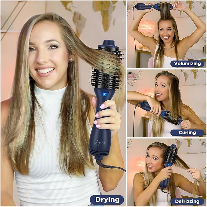 One Step Hair Dryer & Volumizing Brush, Aima Beauty Hair Styling Tool - Ceramic Straightener, Curler, Hot Air Styler & Ionic Salon Brush, Prussian Blue