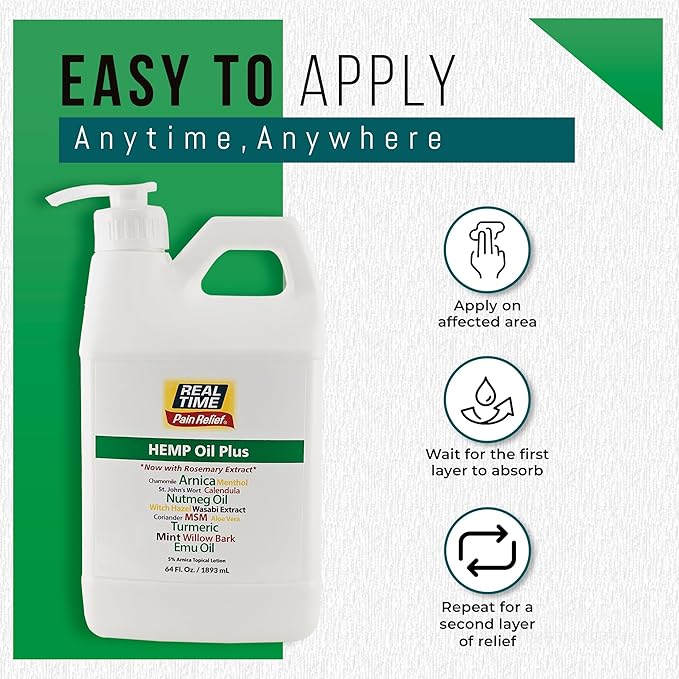 Real Time Pain Relief Hemp Oil Plus 64 oz Bottle | 20 Natural Ingredients: 5% Arnica, Turmeric & More | Fast-Absorbing Lotion for Muscles, Hands, Feet, Ankles, Back, Shoulders & Knees