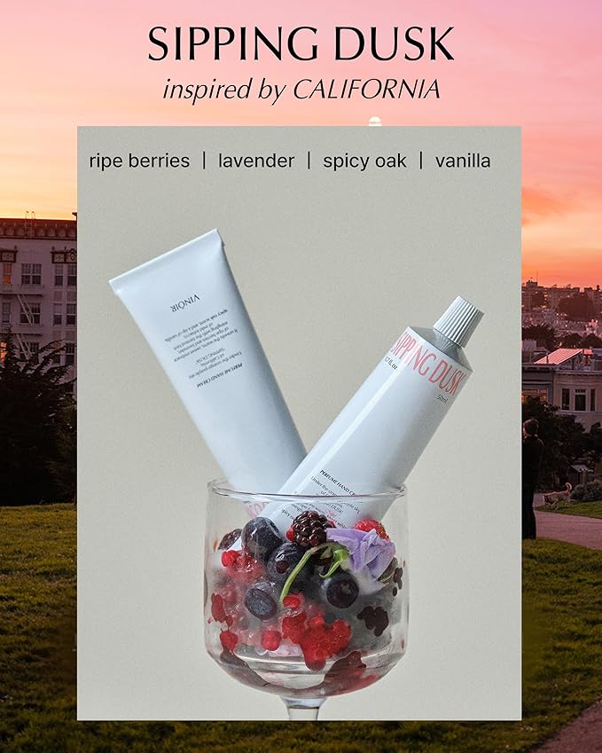 VINOIR Decanting Hand Cream SIPPING DUSK - Long Lasting Perfumed Hand Moisturizer for Rough Skin - Soft & Smooth Hands - Berry, Lavender and Spicy Scent, 1.7oz.