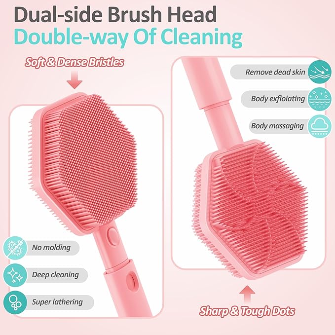 Silicone Back Scrubber for Shower, 16''-21''Extendable Shower Back Scrubber with Dual-Side Large Brush Head, 3-Length Back Brush Bath Brush with Strong Handle & Rich Foaming Bristles(Pink)