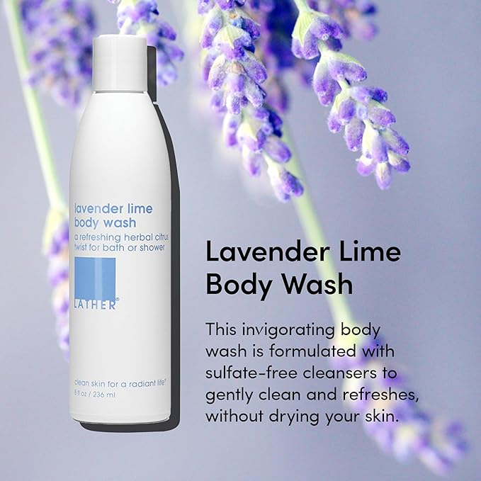 LATHER - Lavender Lime Natural Body Wash, 8 fl oz - Shower Gel Cleanser - Gentle Body Soap - Essential Oils - Chamomile, Ginseng, Rosemary - All Skin Types, Vegan, Cruelty Free - Beauty & Skincare