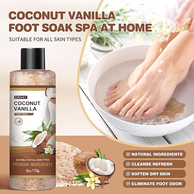 Coconut & Vanilla Foot Soak Set - Salts, Foot File, Scrub & Urea Cream Pedicure Supplies for Dry, Cracked Feet - Foot Spa Pedicure Kit for Women Men