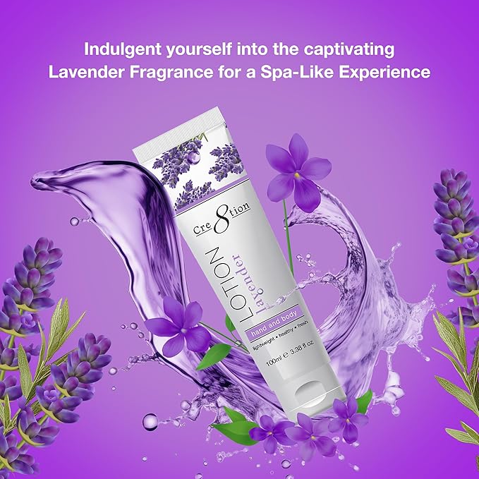 Cre8tion Spa Lavender Hand & Body Lotion, Luxurious Lightweight Moisturizer for Silky, Smooth Skin, 3.3 Fl Oz