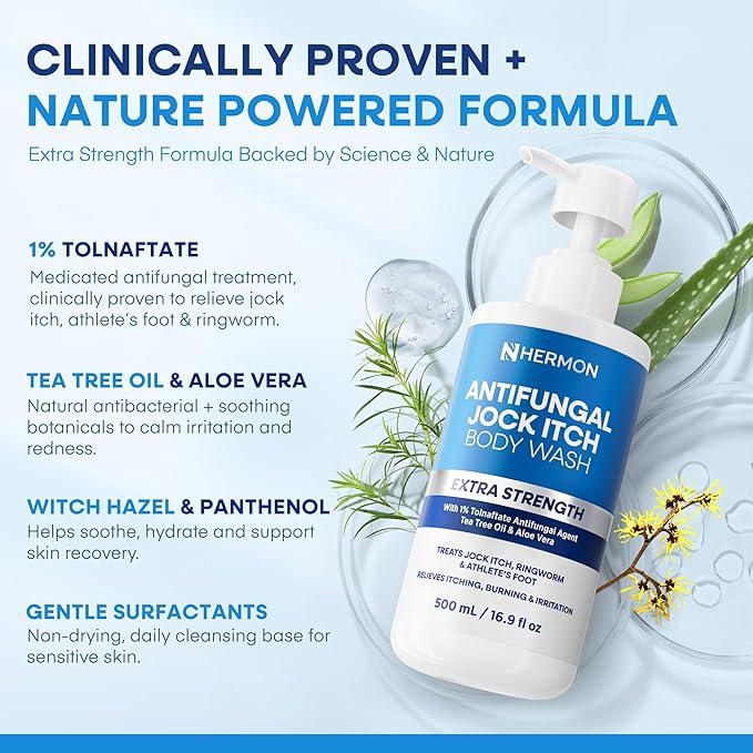Hermon Antifungal Body Wash for Jock Itch: Tea Tree oil Body Wash for Jock Itch, Ringworm, Back Acne, Athlete's Foot, Tinea - Medicated Soap for Men and Women