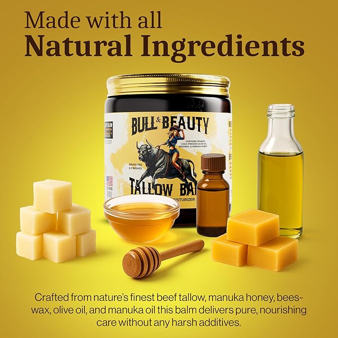 Organic Beef Tallow and Honey Balm Organic Beef Tallow for Skin - 100% Grass-Fed Unscented Beef Tallow Moisturizer for Skin & Face with Manuka Honey, Olive Oil & Beeswax (2 Ounce (Pack of 1))