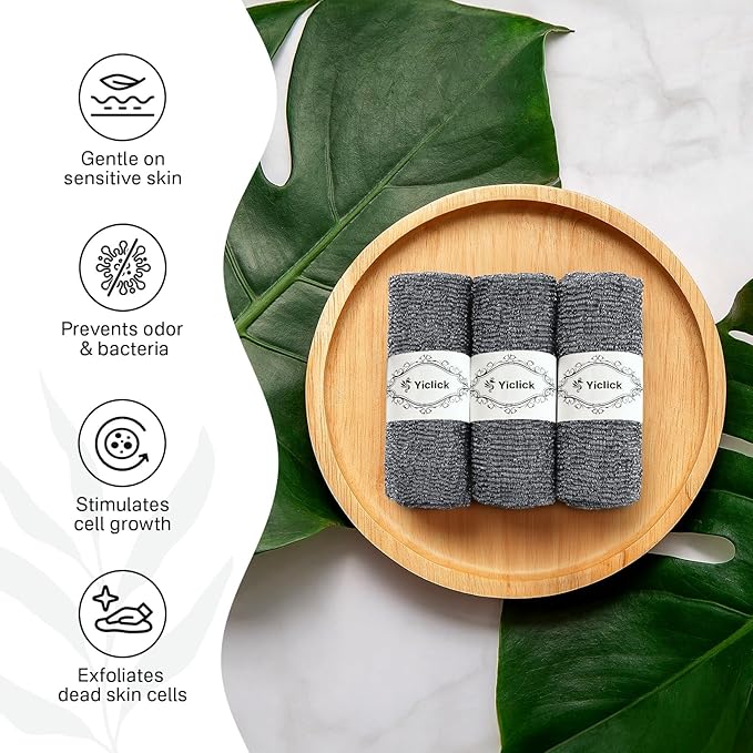 Yiclick Exfoliating Washcloth Towel, Japanese Exfoliating Bath Wash Cloth for Body Exfoliation, Korean Back Scrubber Washer for Shower, African Net Sponge Brush Loofah Exfoliator (Grey)