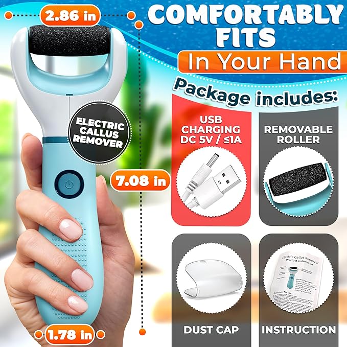 Electric Foot Callus Remover – Rechargeable Foot Sander Electric with 2800 RPM Motor & 1200 mAh Battery, 360° Rotating Replaceable Roller – Pedicure Tools for Feet for Smooth Heels & Dry Skin Care