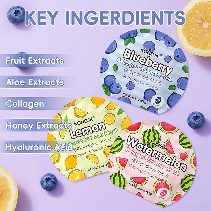 36 Pack Colorful Fruit Face Mask Set, Hydrating & Moisturizing, Bulk Sheet Facial Mask for All Skin Types, Collagen Face Masks Skincare for Women, Christmas Stocking Stuffers and Spa Party Gifts