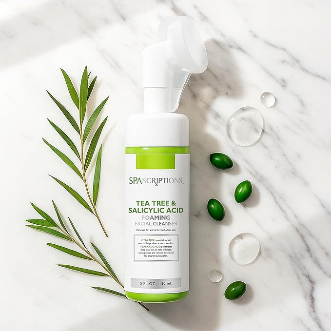 SpaScriptions Tea Tree & Salicylic Acid Foaming Facial Cleanser, pH Balanced, Non Comedogenic, Paraben Free, For All Skin Types, 5 fl oz / 150 mL