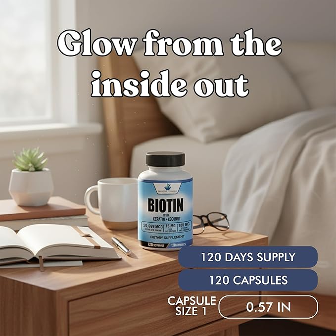 American Standard Supplements Biotin 20,000mcg with Keratin, Coconut Powder and Zinc, Biotin Supplement for Women and Men,120 Veggie Capsules, 120 Day Supply