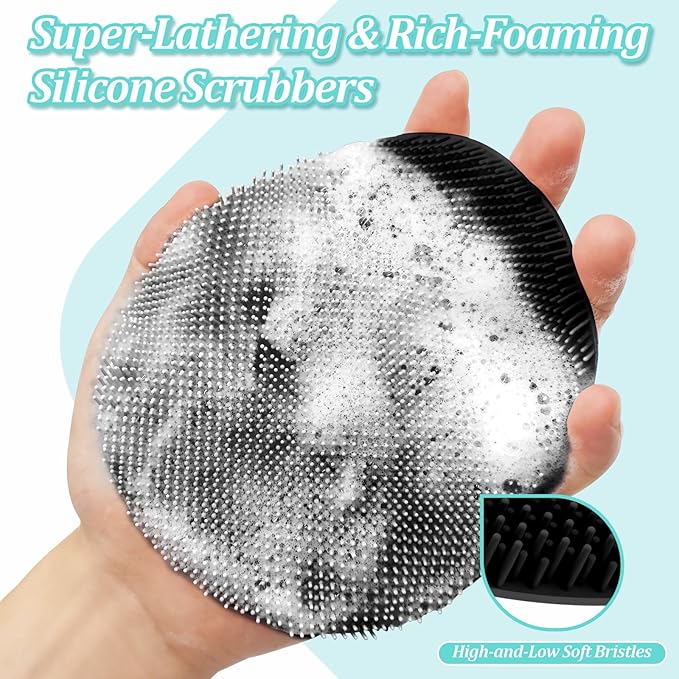 Silicone Back/Body/Face Scrubber & Soft Bath Glove Set 4PCS, Gentle Exfoliating Back & Body Scrubber with Dual-Side Brush Head, Hand-fit Bath Glove & Face Scrubber for Deep Cleaning(Black-4PC)