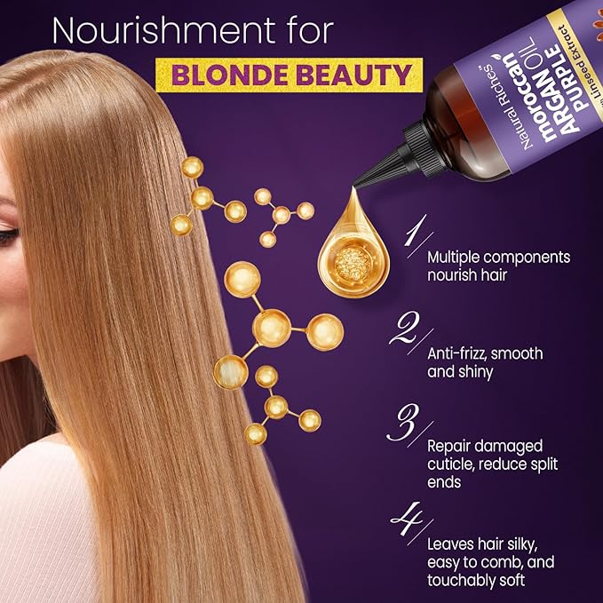 Natural Riches Purple Moroccan Argan Oil Hair Treatment with Linseed Extract, Anti-Brass Formula for Blonde, Silver, Platinum & Grey Hair Neutralize Yellow Tone, Smooths Frizz & Restore Shine 8 fl oz