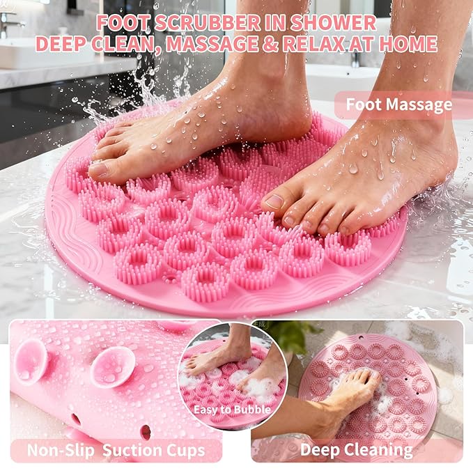 Shower Foot Scrubber Mat & Silicone Back Scrubber with Soft Silicone Bristles,Quick Drying Foot Scrubber in Shower,Deep-Cleaning Wall Mounted Back Scrubber Bath(Pink)