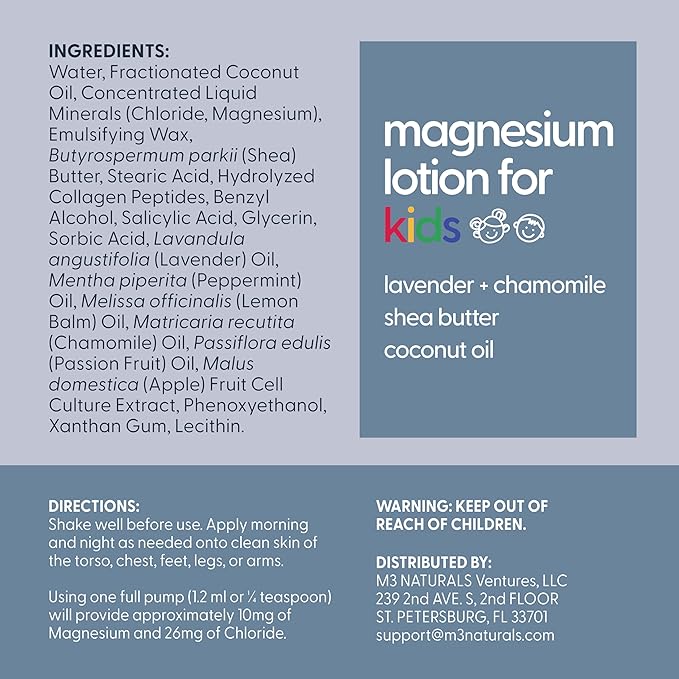 M3 Naturals Lavender Magnesium Lotion for Kids & Magnesium Lotion for Babies with Chamomile | Soothes Tired Legs, Supports Restful Sleep, Moisturizes Sensitive Skin, 8 fl oz (237 mL)