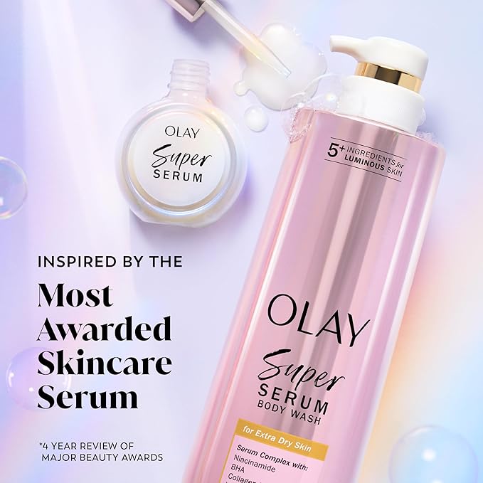 Olay Super Serum Body Wash for Extra Dry Skin, 24hr Long Lasting Hydration, 5+ Ingredient Serum Complex for Bright Even Firm Luminous Skin, 18.5 fl oz