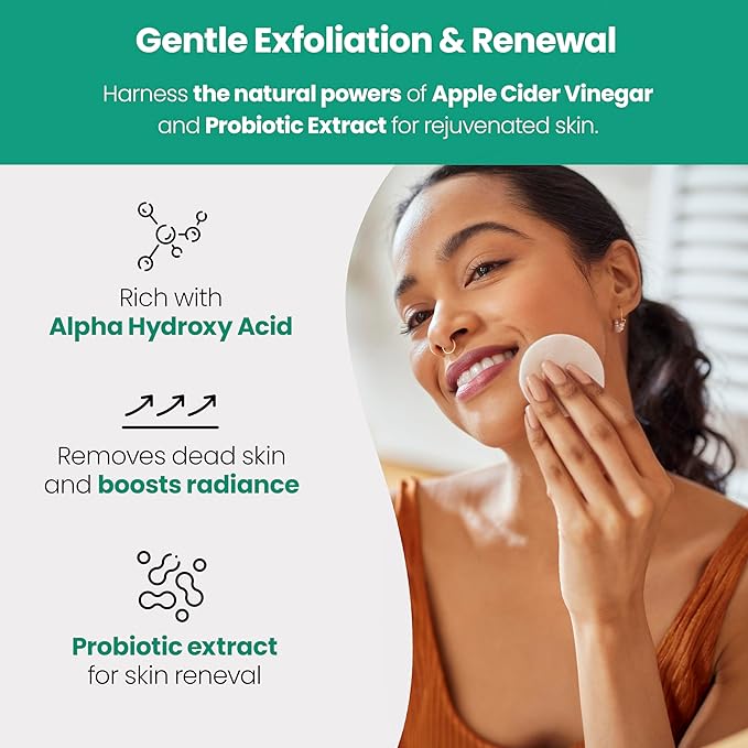 Applebiotic Toner Pads for Face - Exfoliating Face Wipes, for All Skin Types - Apple Cider Vinegar, Green Tea, 60 Pads