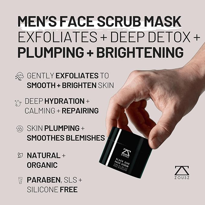 ZOUSZ Black Oud Charcoal Men’s Face Scrub & Mask – Deep Cleansing Exfoliating Clay Face Wash with Activated Charcoal, Salicylic Acid & Hyaluronic Acid – Clears Pores & Revives Skin – 50ml