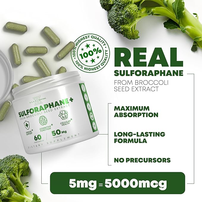 5000mcg of Real Lab-Verified Sulforaphane Supplement - Broccoli Seed Extract 50mg Supplements - Promotes Cognitive Function, Liver & Cellular Support - 60 Vegan Capsules/Pills