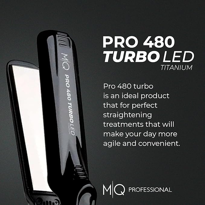 MQ Hair - Professional Titanium Flat Iron 480°F Turbo - Bivolt, Anatomic Design, Ultra-Smooth, Mirror Effect - 3 Passes Needed, Perfect Straightening - Heating Safe Control, Ionized Plates - Black
