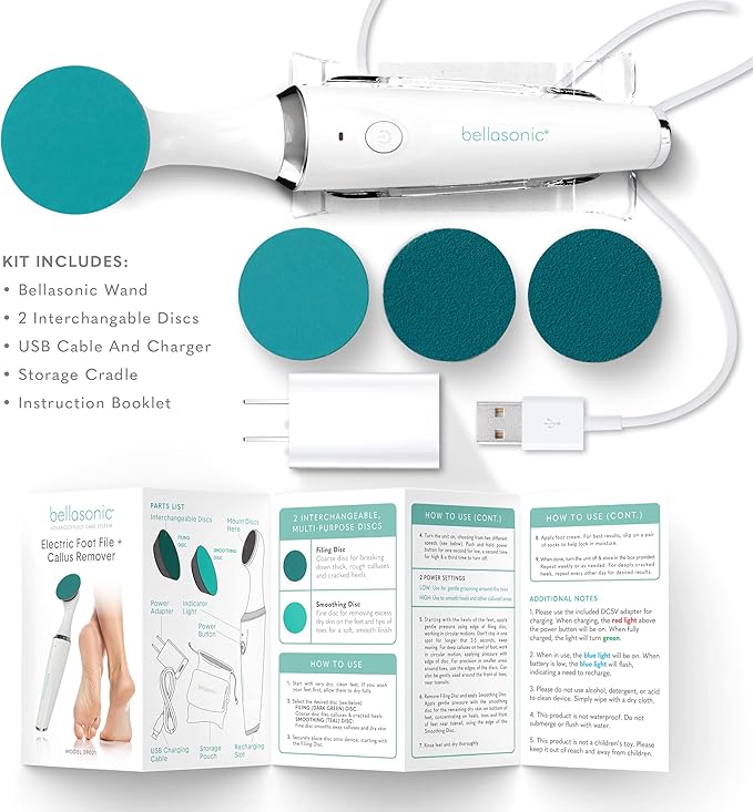 Bellasonic Electric Foot File + Callus Remover with Unique Oscillating Head – File & Smooth Dry, Hardened & Cracked Skin on Heels & Toes – Salon Quality Pedicure at Home w/Portable, Rechargeable Set
