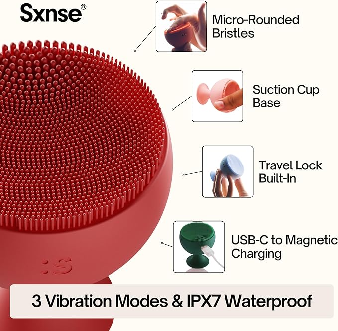 Palm Face Clean Pro⁺ - Electric Silicone Face Scrubber for Acne with 7000+ Sonic Pulses - IPX7 Waterproof Rechargeable Exfoliator with Slip-Free Grip, 3 Speed Settings & Phthalate-Free - Cherry