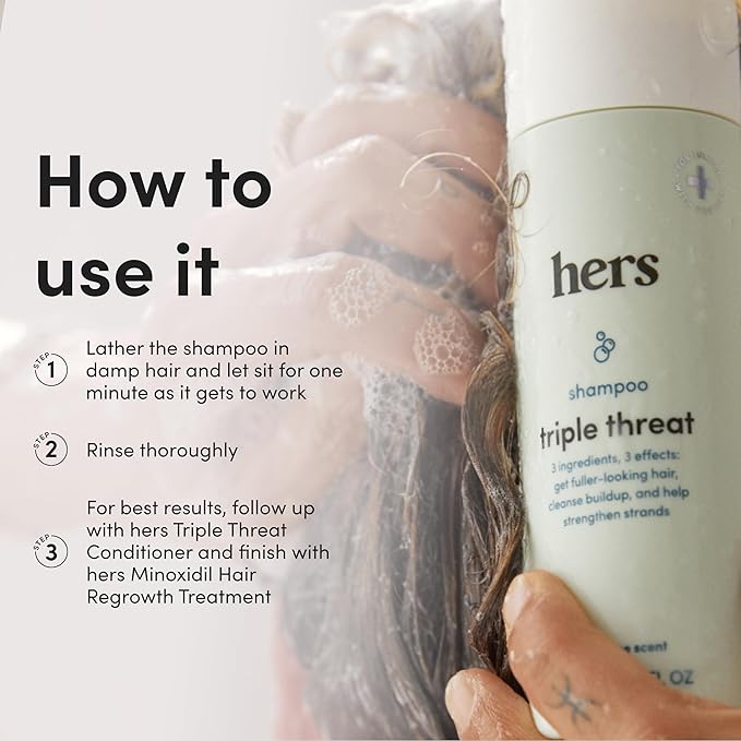 hers triple threat shampoo for hair that feels and looks thicker and stronger with biotin, saw palmetto, pumpkin seed oil, lightly scented with rose, helps control hair shedding, 2 pack, 6.4oz